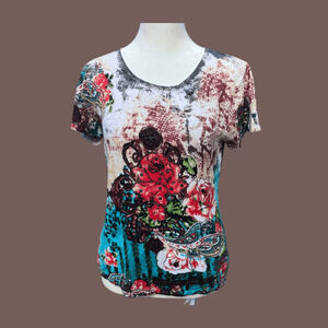 Pierri NY Mesh Tee | Floral Tattoo Print | Size S | Y2K Vintage